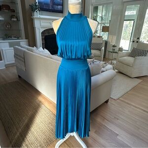 A.L.C. Renzo Cerulean Pleated Halter Midi Dress